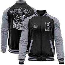 Load image into Gallery viewer, Custom Black Gray Bomber Varsity Letterman Two Tone Zipper Jacket
