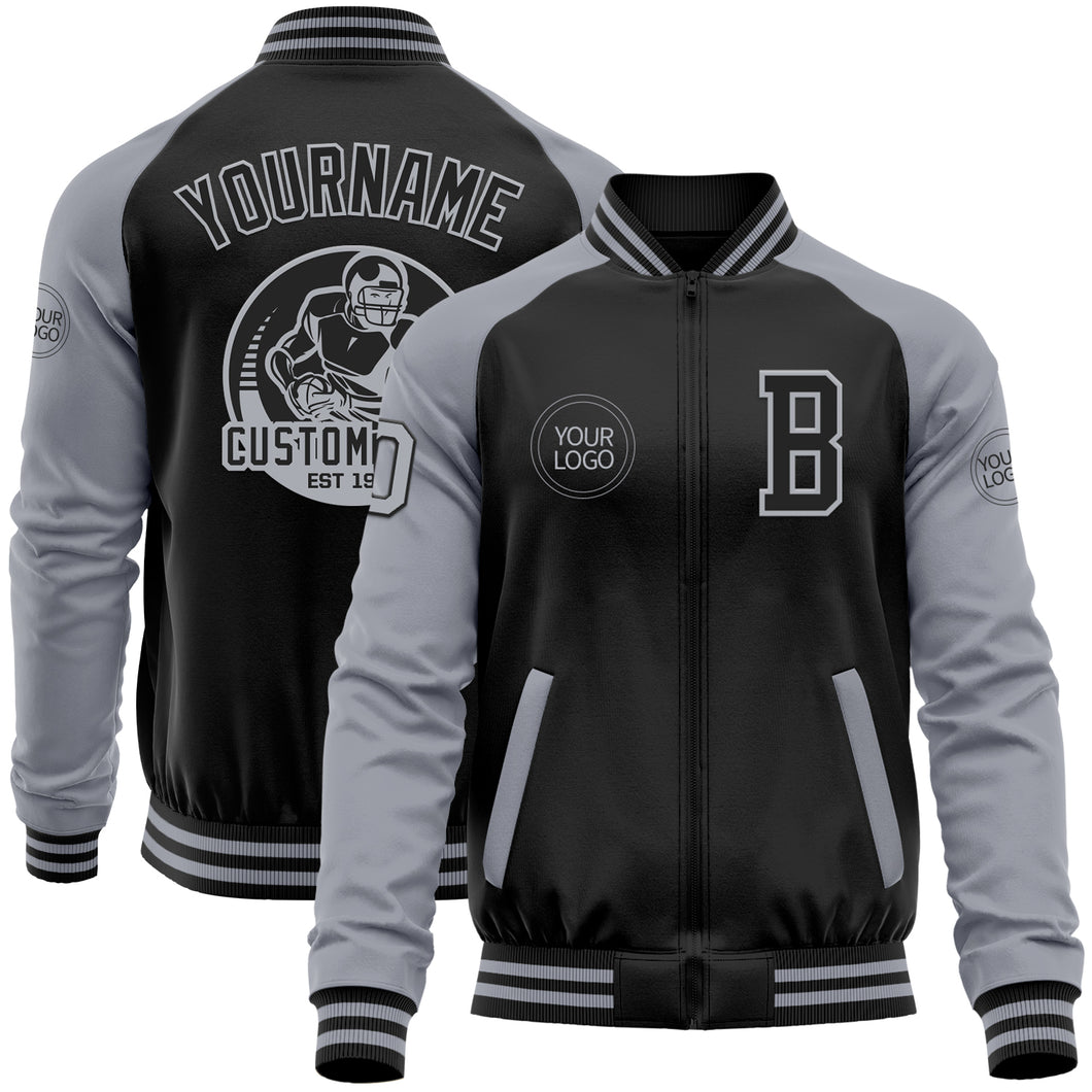 Custom Black Gray Bomber Varsity Letterman Two Tone Zipper Jacket