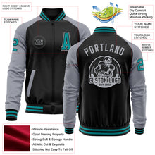 Load image into Gallery viewer, Custom Black Teal-Gray Bomber Varsity Letterman Two Tone Zipper Jacket
