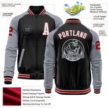 Load image into Gallery viewer, Custom Black Red-Gray Bomber Varsity Letterman Two Tone Zipper Jacket
