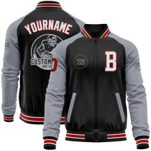 Load image into Gallery viewer, Custom Black Red-Gray Bomber Varsity Letterman Two Tone Zipper Jacket
