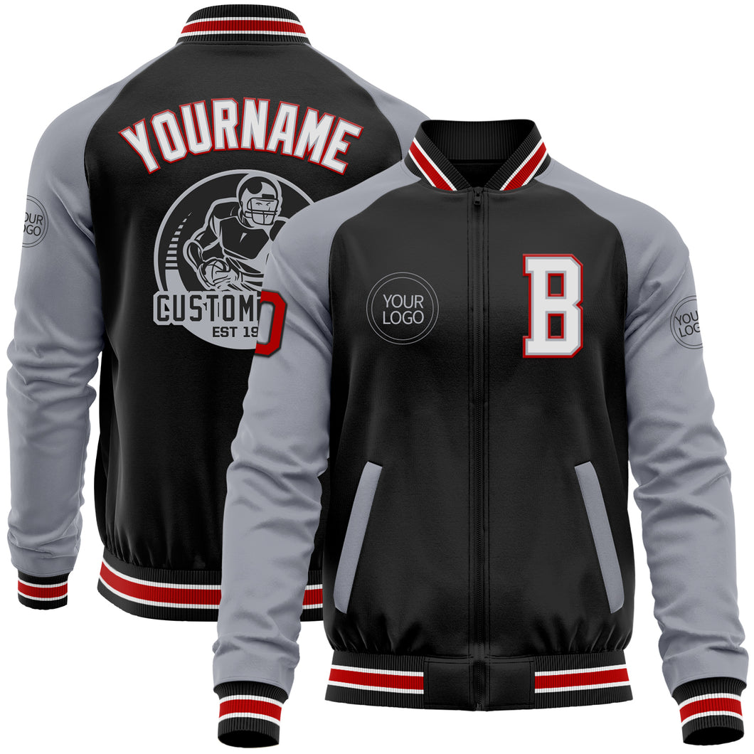 Custom Black Red-Gray Bomber Varsity Letterman Two Tone Zipper Jacket