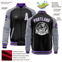 Load image into Gallery viewer, Custom Black Purple-Gray Bomber Varsity Letterman Two Tone Zipper Jacket
