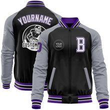 Load image into Gallery viewer, Custom Black Purple-Gray Bomber Varsity Letterman Two Tone Zipper Jacket
