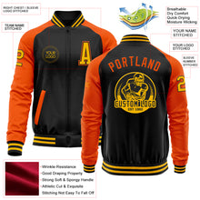 Load image into Gallery viewer, Custom Black Gold-Orange Bomber Varsity Letterman Two Tone Zipper Jacket
