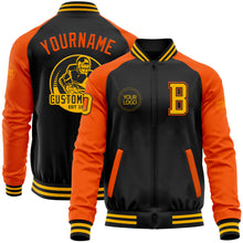 Load image into Gallery viewer, Custom Black Gold-Orange Bomber Varsity Letterman Two Tone Zipper Jacket
