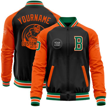 Custom Black Kelly Green-Orange Bomber Varsity Letterman Two Tone Zipper Jacket