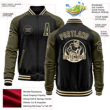 Load image into Gallery viewer, Custom Black Olive-Cream Bomber Varsity Letterman Two Tone Zipper Jacket
