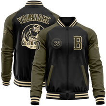 Load image into Gallery viewer, Custom Black Olive-Cream Bomber Varsity Letterman Two Tone Zipper Jacket
