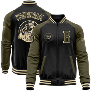 Custom Black Olive-Cream Bomber Varsity Letterman Two Tone Zipper Jacket