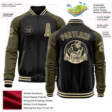 Load image into Gallery viewer, Custom Black Camo Olive-Cream Bomber Varsity Letterman Two Tone Zipper Jacket
