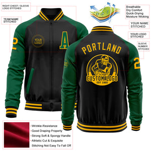 Custom Black Gold-Kelly Green Bomber Varsity Letterman Two Tone Zipper Jacket