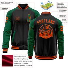 Load image into Gallery viewer, Custom Black Orange-Kelly Green Bomber Varsity Letterman Two Tone Zipper Jacket
