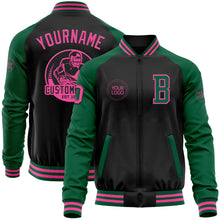 Load image into Gallery viewer, Custom Black Pink-Kelly Green Bomber Varsity Letterman Two Tone Zipper Jacket
