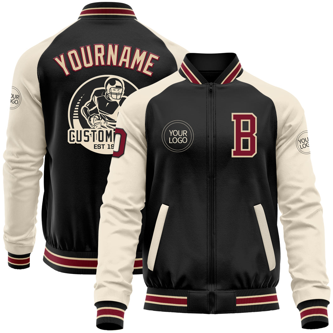 Custom Black Crimson Cream-City Cream Bomber Varsity Letterman Two Tone Zipper Jacket