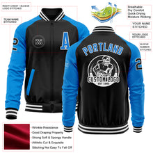 Load image into Gallery viewer, Custom Black Powder Blue-White Bomber Varsity Letterman Two Tone Zipper Jacket
