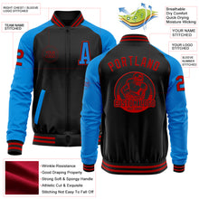 Load image into Gallery viewer, Custom Black Red-Powder Blue Bomber Varsity Letterman Two Tone Zipper Jacket
