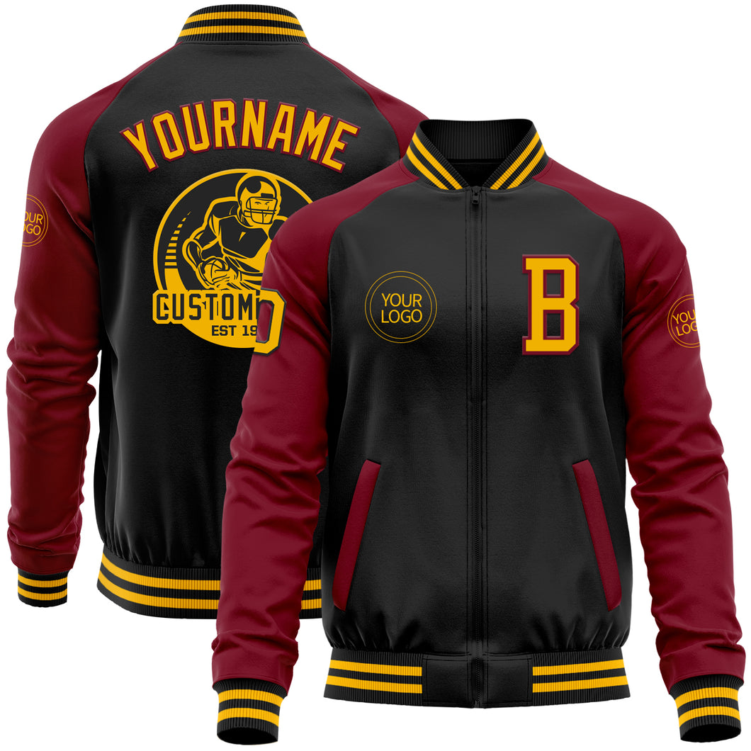 Custom Black Gold-Crimson Bomber Varsity Letterman Two Tone Zipper Jacket