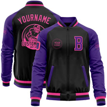 Load image into Gallery viewer, Custom Black Pink-Purple Bomber Varsity Letterman Two Tone Zipper Jacket
