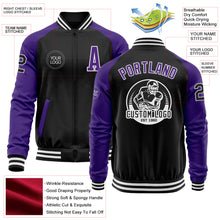 Load image into Gallery viewer, Custom Black Purple-White Bomber Varsity Letterman Two Tone Zipper Jacket
