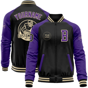 Custom Black Purple-Cream Bomber Varsity Letterman Two Tone Zipper Jacket