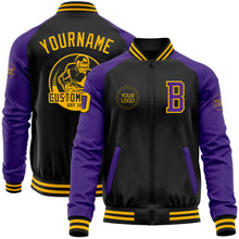 Load image into Gallery viewer, Custom Black Gold-Purple Bomber Varsity Letterman Two Tone Zipper Jacket
