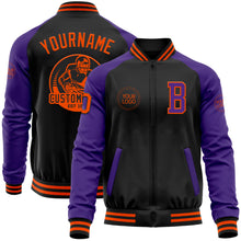 Load image into Gallery viewer, Custom Black Orange-Purple Bomber Varsity Letterman Two Tone Zipper Jacket
