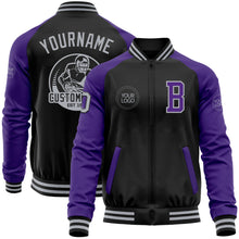 Load image into Gallery viewer, Custom Black Gray-Purple Bomber Varsity Letterman Two Tone Zipper Jacket
