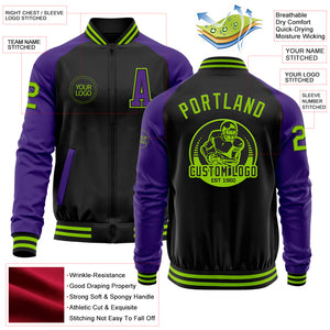 Custom Black Neon Green-Purple Bomber Varsity Letterman Two Tone Zipper Jacket