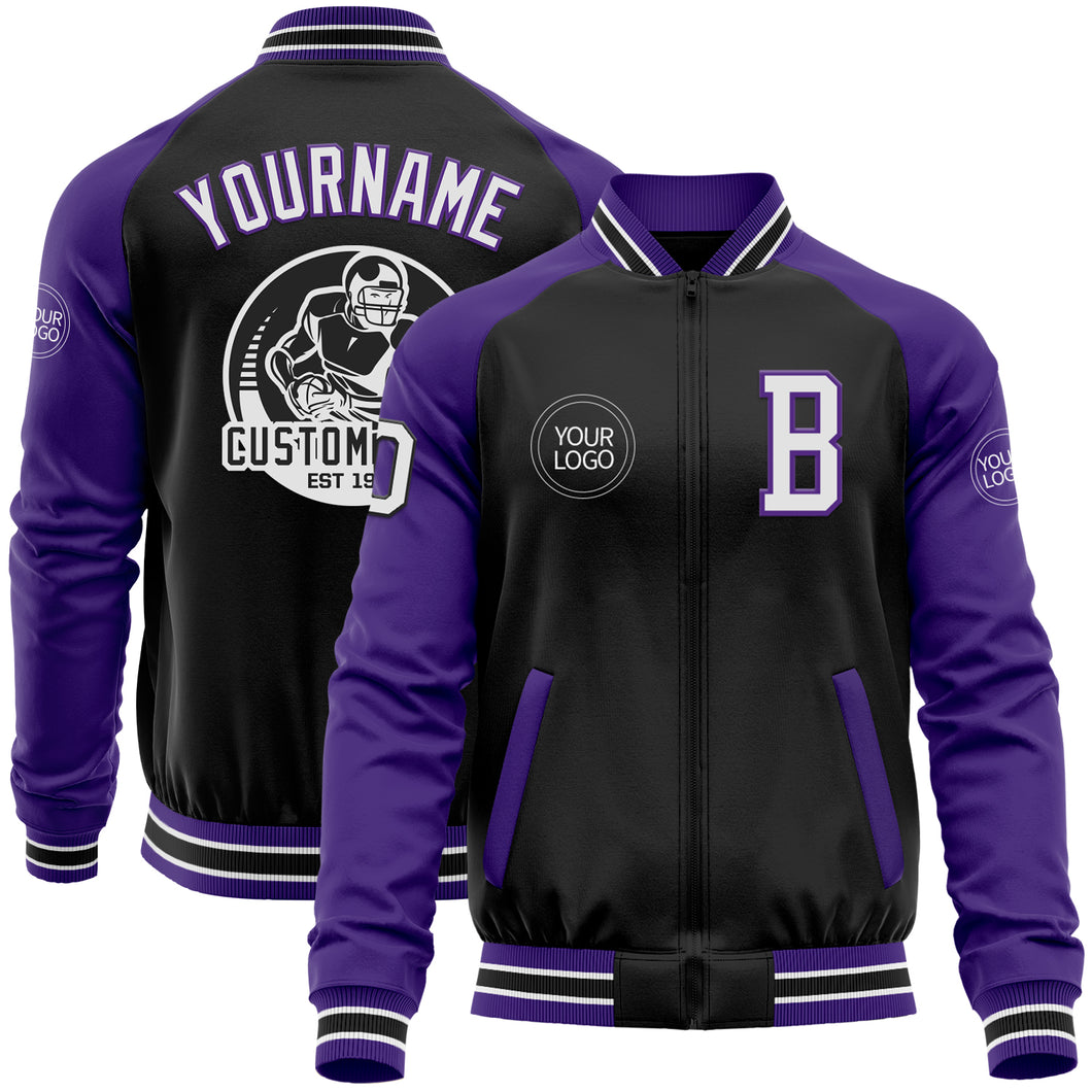 Custom Black White-Purple Bomber Varsity Letterman Two Tone Zipper Jacket