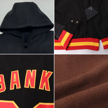 Load image into Gallery viewer, Custom Brown Gold-White Bomber Full-Snap Varsity Letterman Hoodie Jacket
