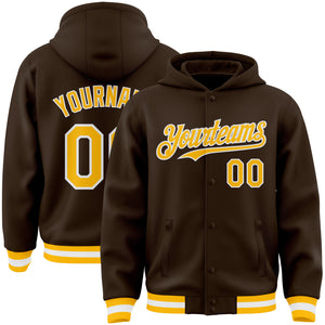 Custom Brown Gold-White Bomber Full-Snap Varsity Letterman Hoodie Jacket