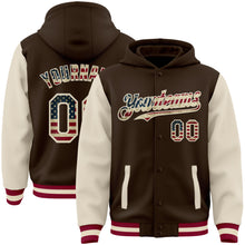 Load image into Gallery viewer, Custom Brown Vintage USA Flag Cream-Maroon Bomber Full-Snap Varsity Letterman Two Tone Hoodie Jacket
