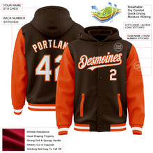 Load image into Gallery viewer, Custom Brown White-Orange Bomber Full-Snap Varsity Letterman Two Tone Hoodie Jacket
