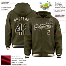 Load image into Gallery viewer, Custom Olive Black-Cream Bomber Full-Snap Varsity Letterman Salute To Service Hoodie Jacket
