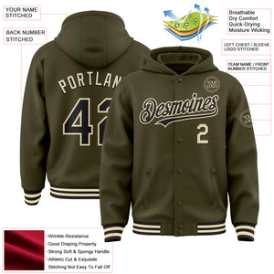 Custom Olive Black-Cream Bomber Full-Snap Varsity Letterman Salute To Service Hoodie Jacket