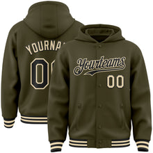 Load image into Gallery viewer, Custom Olive Black-Cream Bomber Full-Snap Varsity Letterman Salute To Service Hoodie Jacket
