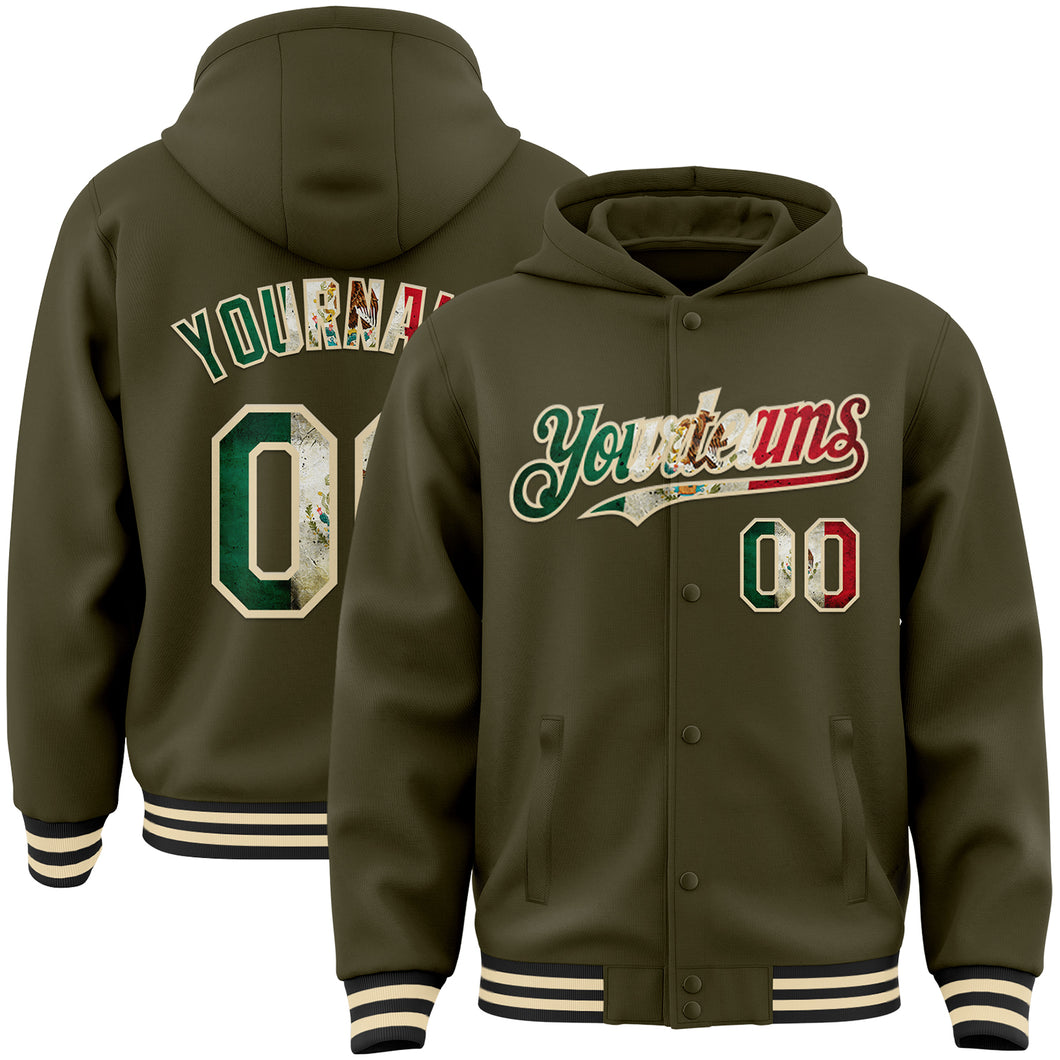 Custom Olive Vintage Mexican Flag Cream-Black Bomber Full-Snap Varsity Letterman Salute To Service Hoodie Jacket