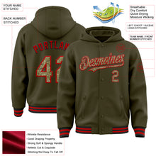 Load image into Gallery viewer, Custom Olive Camo Red-Black Bomber Full-Snap Varsity Letterman Salute To Service Hoodie Jacket
