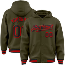 Load image into Gallery viewer, Custom Olive Black-Red Bomber Full-Snap Varsity Letterman Salute To Service Hoodie Jacket
