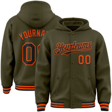 Load image into Gallery viewer, Custom Olive Black-Orange Bomber Full-Snap Varsity Letterman Salute To Service Hoodie Jacket
