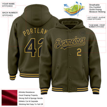 Load image into Gallery viewer, Custom Olive Black-Old Gold Bomber Full-Snap Varsity Letterman Salute To Service Hoodie Jacket
