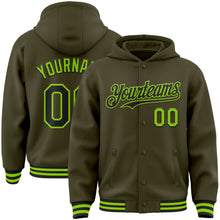 Load image into Gallery viewer, Custom Olive Black-Neon Green Bomber Full-Snap Varsity Letterman Salute To Service Hoodie Jacket
