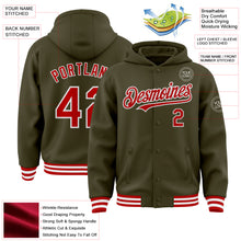 Load image into Gallery viewer, Custom Olive Red-White Bomber Full-Snap Varsity Letterman Salute To Service Hoodie Jacket
