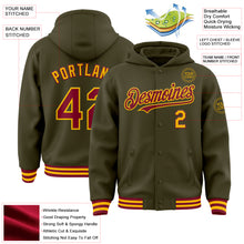 Load image into Gallery viewer, Custom Olive Crimson-Gold Bomber Full-Snap Varsity Letterman Salute To Service Hoodie Jacket
