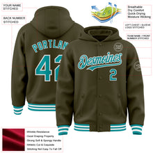 Load image into Gallery viewer, Custom Olive Teal-White Bomber Full-Snap Varsity Letterman Salute To Service Hoodie Jacket
