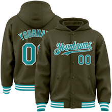 Load image into Gallery viewer, Custom Olive Teal-White Bomber Full-Snap Varsity Letterman Salute To Service Hoodie Jacket
