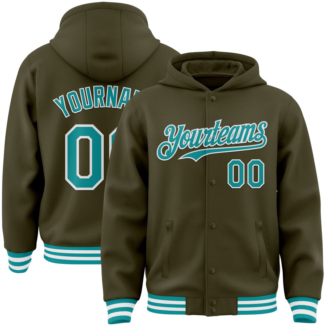 Custom Olive Teal-White Bomber Full-Snap Varsity Letterman Salute To Service Hoodie Jacket