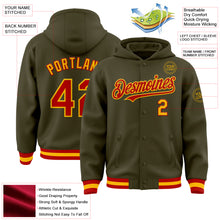 Load image into Gallery viewer, Custom Olive Red-Gold Bomber Full-Snap Varsity Letterman Salute To Service Hoodie Jacket
