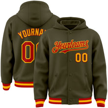 Load image into Gallery viewer, Custom Olive Red-Gold Bomber Full-Snap Varsity Letterman Salute To Service Hoodie Jacket
